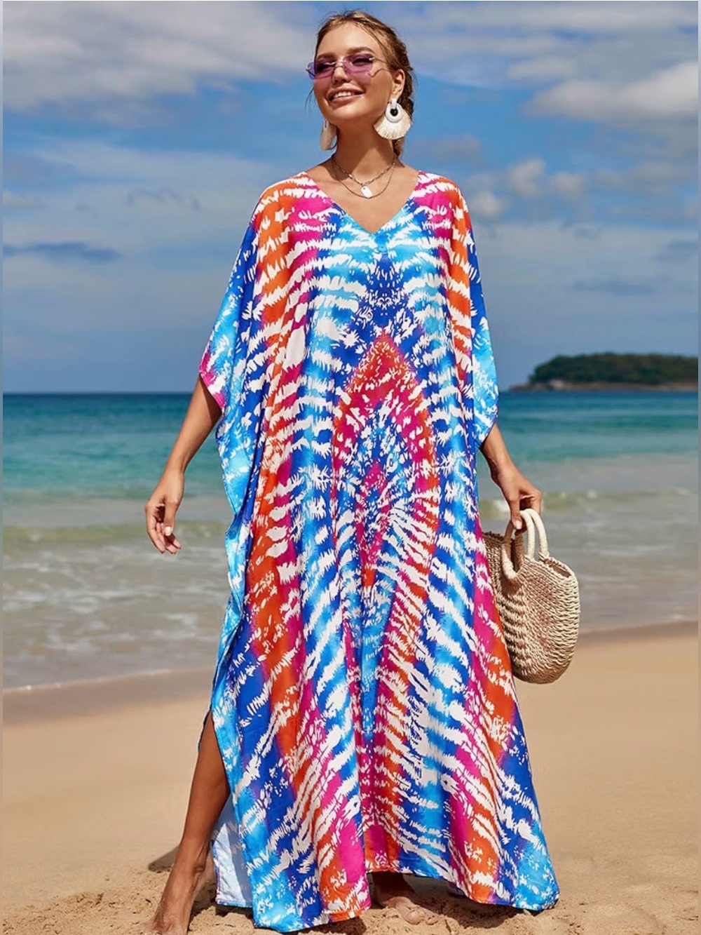 Vibrant Tie-Dye Blue & Orange Beach Caftan - Women Swim Cover-Up